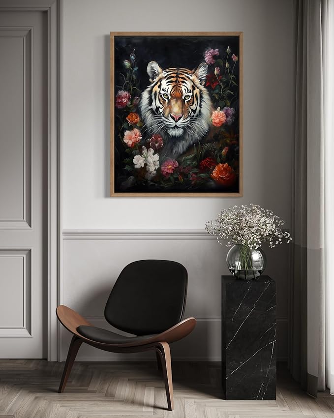 Tiger and Flower Poster Art Print, Halloween Scary Vintage Wall Art Academia Spooky Painting Decoration for Horror Prints, Gothic Posters Bedroom Decor 89 (Tiger and Flower, 8 x 10 inches, Wood Frame)
