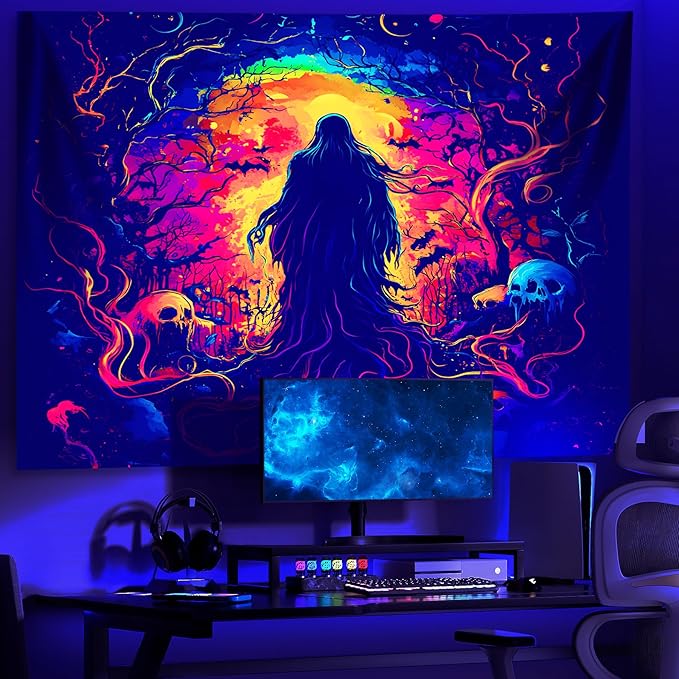AOHMPT Glow-in-the-Dark Halloween Tapestry - UV Reactive Black Light Wall Hanging Decor for Spooky Parties, Bedroom, Living Room (Shaman, 59" L x 51" W, Unframed)