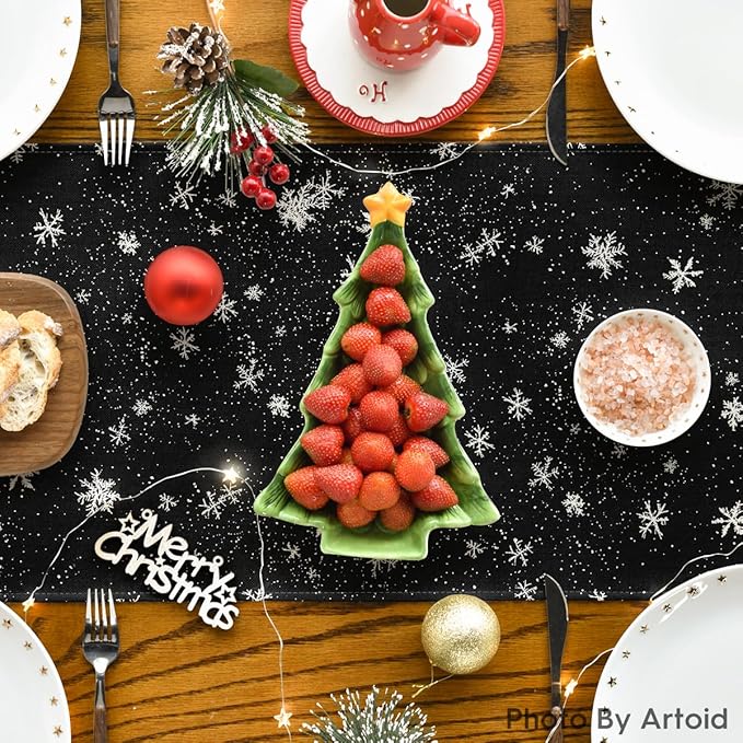 Artoid Mode Snowman Birds Trees Christmas Table Runner, Seasonal Black Winter Holiday Kitchen Dining Table Decoration for Home Party Decor 13 x 72 Inch