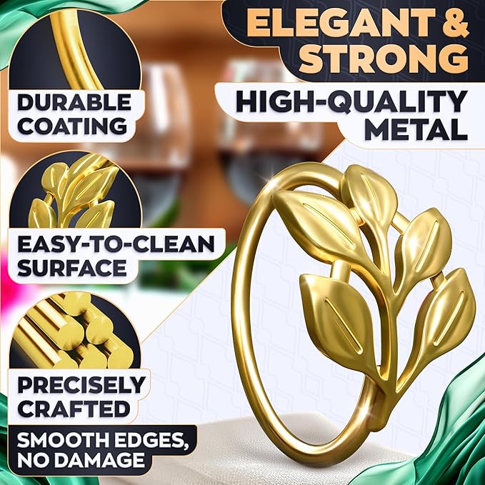 Gold Napkin Rings Set of 12 – Sturdy Metal Napkin Rings, Easy to Clean | Elegant Leaf Design for Table Settings, Holiday Table Decor, Wedding & Festive Dinners, Special Occasions, Grat for Gift Giving