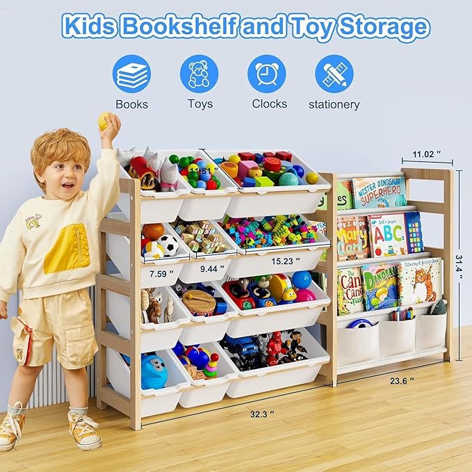 Large Toy Storage Organizer with Bookshelf, Toy Organizers and Storage with 12 Storage Bins, 4 Tier Multipurpose Toys Organizer Storage for Kids Room, Playroom, Nursery Room, White