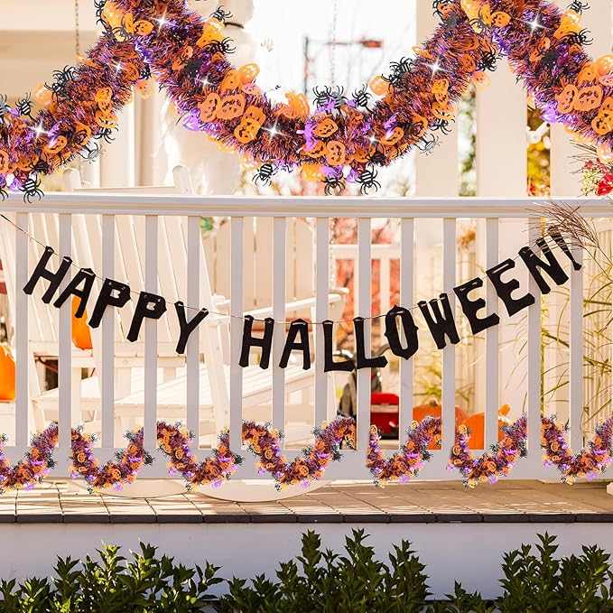33 FT Halloween Tinsel Garland Decorations,Orange Purple Black Halloween Garland with Pumpkins, Bat, Spider Shiny Metallic Garlands for Indoor Outdoor Decorations