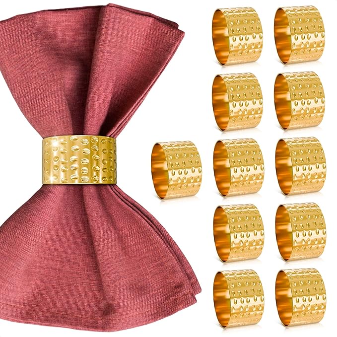 Hammered Gold Napkin Rings Set of 12 – Classic & Reusable Metal | 1.8" x 1.1" for Banquets, Weddings, Family and Holiday Gatherings, Ensuring an Elegant and Polished Table Presentation