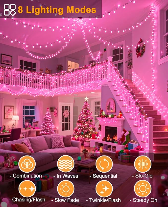 197FT 600 LED Christmas Lights Outdoor, Plug in Christmas Tree Lights 8 Modes, Waterproof Green Wire String Twinkle Lights for Indoor House Patio Garden Party Wedding Holiday Decorations, Pink