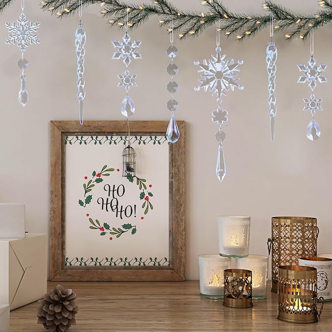 18pcs Crystal Christmas Ornaments for Christmas Tree Decorations-Blue Hanging Acrylic Snowflake and Icicle Ornaments with Drop Pendants for New Year Party Decorations Supplies