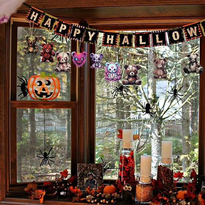 Halloween Tree Hanging Ornaments, 9 Pcs Cute Acrylic Pendant, Terror Bear Halloween Accessories, Funny Cartoon Christmas Tree Decoration for Mini Characters Decorations Indoor Outdoo