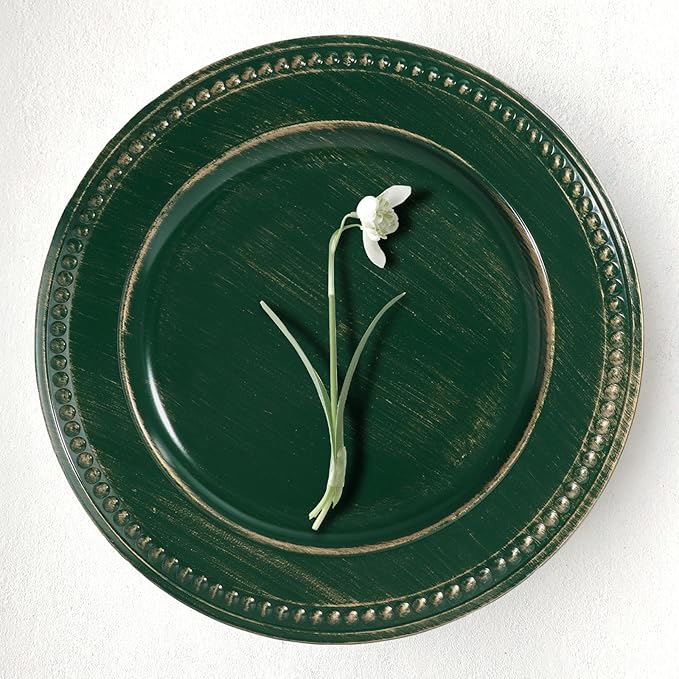 Vintage Charger Plates Set of 6, Beaded Charger & Service Plate, Plastic Charger Plate Set Bulk Wedding Easter, Event, Holiday, Elegant Table Setting Centerpieces, Hunter Green
