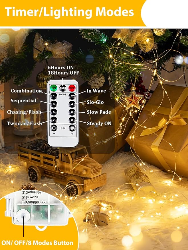 2 Pack 200LED Battery Operated Fairy Lights with Remote, 8 Modes LED String Lights with Timer, Dimmable, Memory Function, Waterproof Twinkle Lights for Outdoor Indoor Christmas Decor(Warm White)