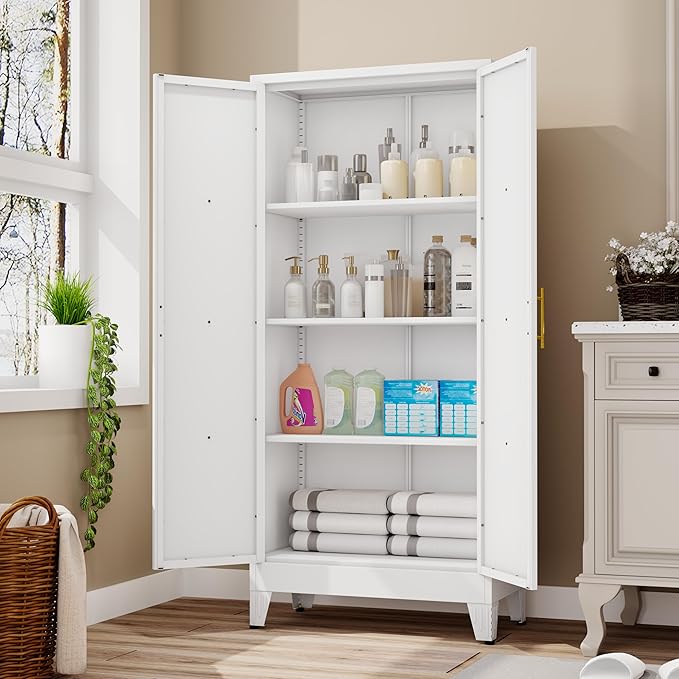 61" H Metal Kitchen Pantry Storage Cabinet, Freestanding Cupboard with 2 Doors and 3 Adjustable Shelves, Standing Storage for Kitchen, Bathroom, Garage, Dinning Room or Utility Room(White)