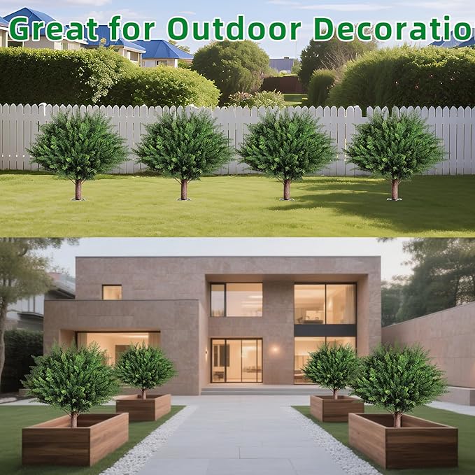 23" Artificial Cedar Topiary Ball Trees ,Set of 2 Outdoor Faux Plants with Ground Spike, UV Resistant Fake Pine Shrubs Bushes for Indoor Front Porch Yard Decorations (Cypres)