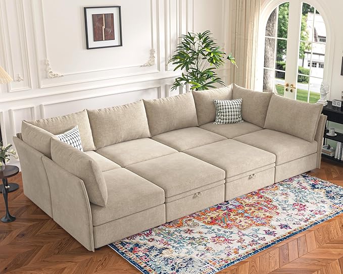 136.4" Oversized Modular Sectional Sofa, U Shaped Convertible Couch with Movable Ottoman, Large 7 Seat Corner Couches for Living Room Deep Seat Beige Chenille