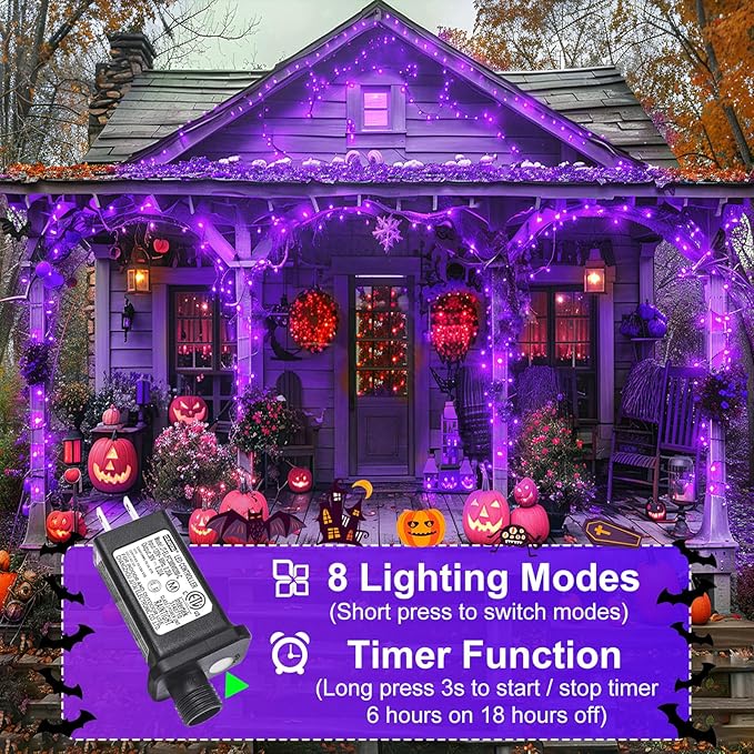 2 Pack Halloween Lights Outdoor, Total 200FT 600 LED Purple String Lights for Outside with 8 Modes Waterproof, Plug in Halloween Decorations for Indoor House Room Patio Garden Party Holiday
