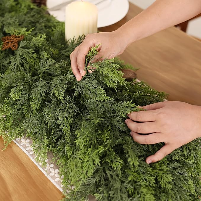 16FT Real Touch Cedar Garland - Artificial Christmas Garland Fake Green Faux Thick and Lush Pine Needles Garlands for Table Fireplace Mantle Holiday Home Indoor Outdoor Decor (1PCS)