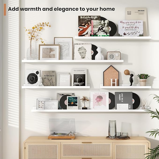 Fun Memories Picture Ledge Shelves Set of 2, 55 Inch Rustic Wall Mounted Floating Shelves with Lip for Home Storage and Décor in Bathroom, Kitchen, Nursery, Bedroom, Living Room, White