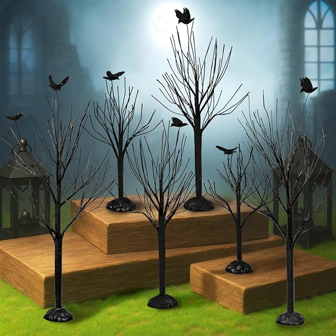 Warmtree 6 Pcs Halloween Village Trees Mini Decor Tree Artificial Tabletop Branch Trees, Halloween Village Accessories with Crows Figurine for Holiday Home Garden Office Festival Decor