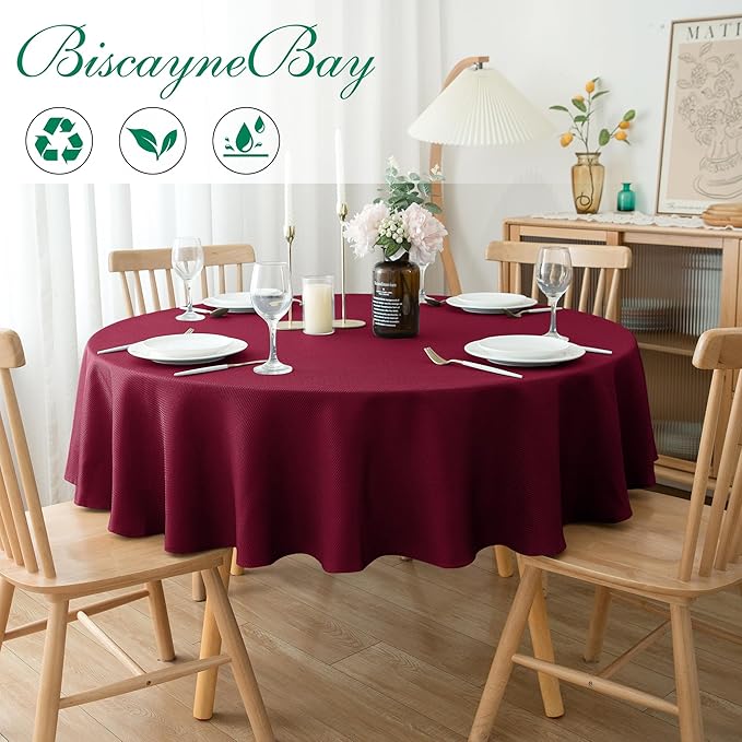 Biscaynebay Round Christmas Tablecloths 60" for Round Tables diameters from 28" to 48", Burgundy Fabric Water Resistant Folding Table Covers Washable for Dining, Kitchen, Wedding, Parties