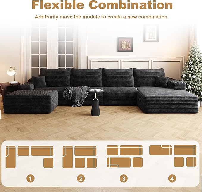 136" Sectional Couches for Living Room Modern Modular Sofa with L-Shape Couchs Upholstered Boneless Couch Deep Seat Sectional Couch with Chaise (Black, Right Facing Chaise+3Seaters+Ottoman)