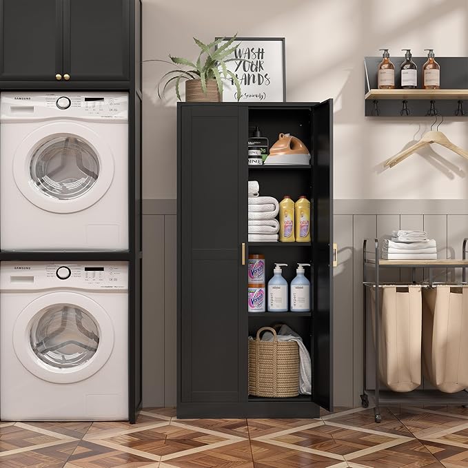 Kitchen Cabinet Storage,60”Metal Pantry Cabinet with Doors and 3 Adjustable Shelves,Food Pantry Cabinets with 2 Gold Handles,Black Tall Storage Cabinet for Livingroom,Pantry,Bathroom,Kitchen