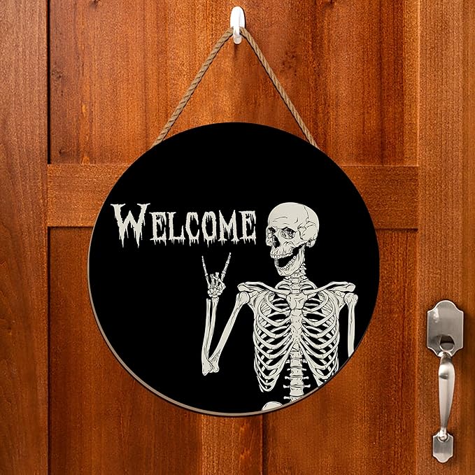 Halloween Decorations Wreath Halloween Skull Welcome Door Sign Front for Door Decoration, Rustic Wooden Holiday Decor for Front Door Porch Window Wall Farmhouse Indoor Outdoor