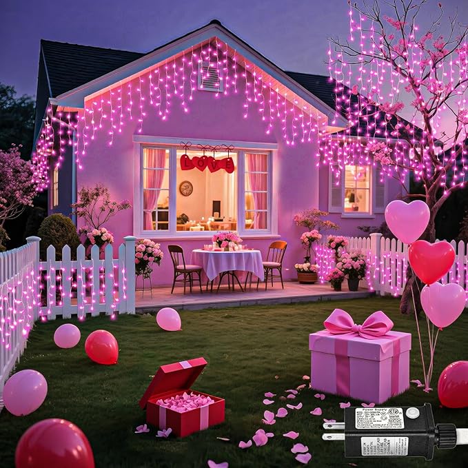 66ft Pink LED Icicle String Lights Indoor for Bedroom, 640 LED Patio Lights for Outside Clear Wire Connectable Twinkle Light with 8 Modes Timer Waterproof for Party Wedding Decoration