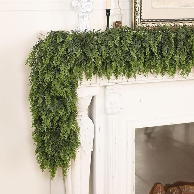 16FT Real Touch Cedar Garland - Artificial Christmas Garland Fake Green Faux Thick and Lush Pine Needles Garlands for Table Fireplace Mantle Holiday Home Indoor Outdoor Decor (1PCS)
