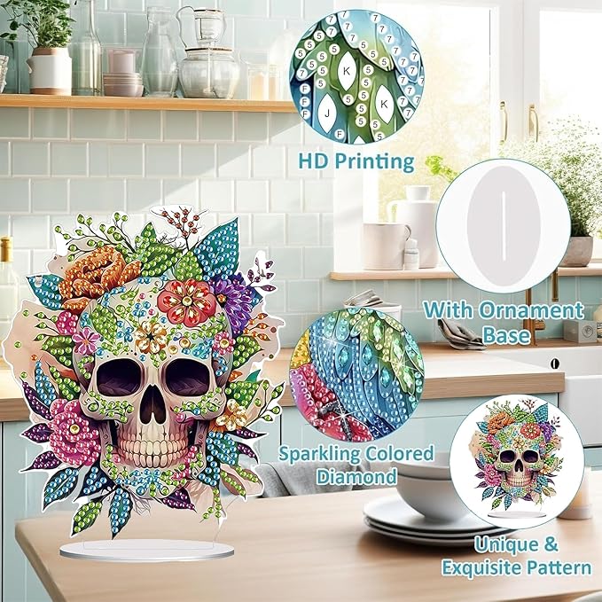 Diamond Painting Kits for Adults Beginners, 5D Full Drill Skull Crystal Art Desktop Ornament, DIY Single Sided Home Office Desk Decor, Creative Craft Gift Set with Tools