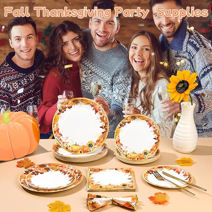 150Pcs Fall Paper Plates and Napkins Party Supplies Autumn Thanksgiving Disposable Plates Napkin Watercolor Maple Leaves Tableware Set for Fall Decor Thanksgiving Party Supplies,Serve 50 Guests