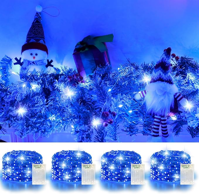 4 Pack 60LED Christmas Fairy Lights Battery Operated - 20FT Twinkle Lights with 2 Lighting Modes Indoor Outdoor, Waterproof Led Fairy String Lights for Bedroom, Classroom, Dorm, DIY Decor, Blue