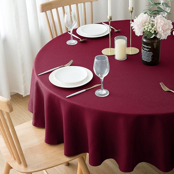 Biscaynebay Round Christmas Tablecloths 60" for Round Tables diameters from 28" to 48", Burgundy Fabric Water Resistant Folding Table Covers Washable for Dining, Kitchen, Wedding, Parties