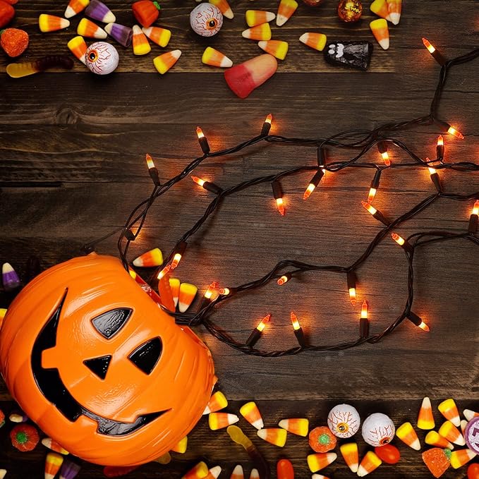 Brizled Candy Corn Halloween Lights, 100 Count Orange & Yellow UL Certified Incandescent Mini String Lights, Black Wire, Indoor & Outdoor Lighting Decoration