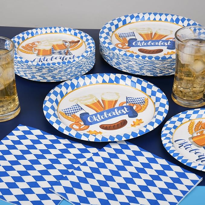 150Pcs Oktoberfest Party Supplies Oktoberfest Paper Plates and Napkins Oktoberfest Party Dinner Dessert Plate Disposable Decorations for Beer Festival Tableware,Serves 50 Guests