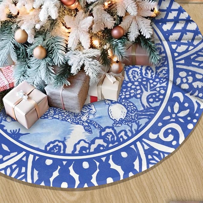 48" Large Christmas Tree Skirt Blue Oriental Rabbit Whimsical Pattern Tree Mat Base Cover for Xmas Festive Holiday Party Decoration Ornaments