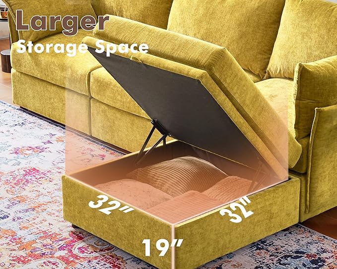 136.4" Oversized Modular Sectional Sleeper Sofa Bed, U Shaped Convertible Couch with Movable Ottoman, Large 8 Seat Corner Couches for Living Room Deep Seat Yellow Chenille