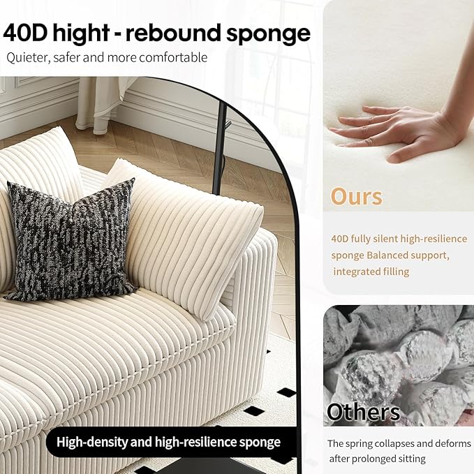 157.5" Cloud Couch Modular Sectional Sofa for Living Room,Modern Sofa with Deep Seat,4 Seater Boneless Couch,Comfy Upholstered Corduroy Couches for Apartment, Studio, Office,Bedroom,White