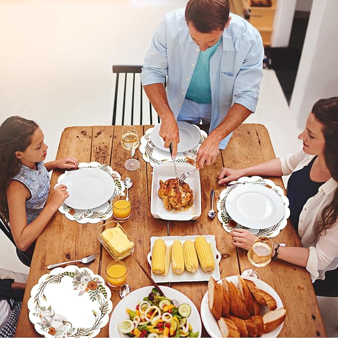 50Pcs Fall Flower Oval Paper Placemats,13.4 Inch Watercolor Pumpkin Leaves Round Table Mats Fall Thanksgiving Scalloped Disposable Placemats for Autumn Thanksgiving Birthday Party Supplies