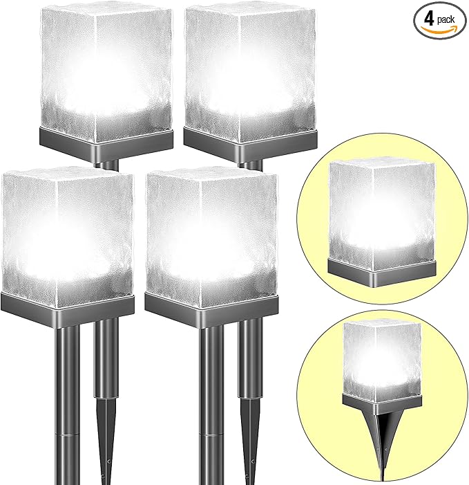 Solar Ice Brick Pathway Lights, LED Outdoor Waterproof Ground Light, Multi-use Landscape Lighting for Lawn & Table | Auto On/Off Solar Powered Garden Yard Decoration (Cool White, 4 Pack)