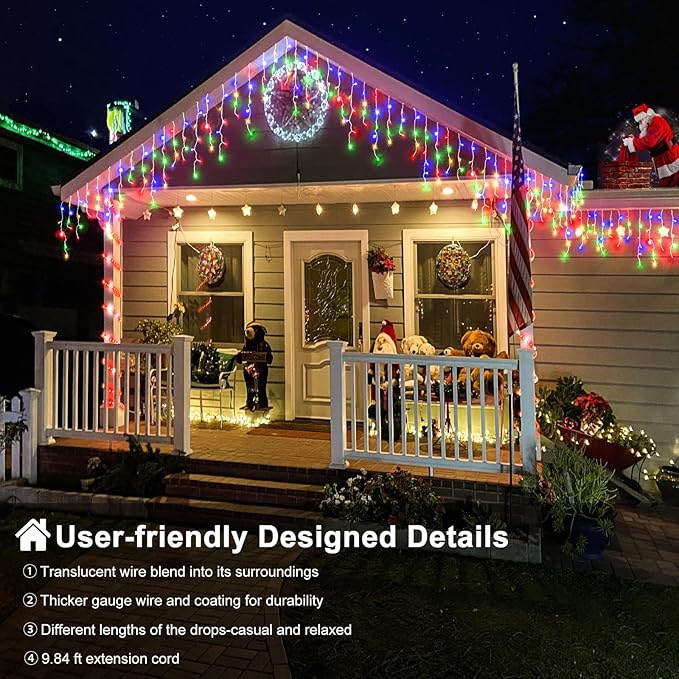 99ft Colored Christmas Lights Outdoor, 1216 LED Icicle Lights for Outside House with Clear Wire 8 Modes Timer, Plug in Waterproof for Home Holiday Eaves Yard Party Tree Room Wall Indoor Decoration