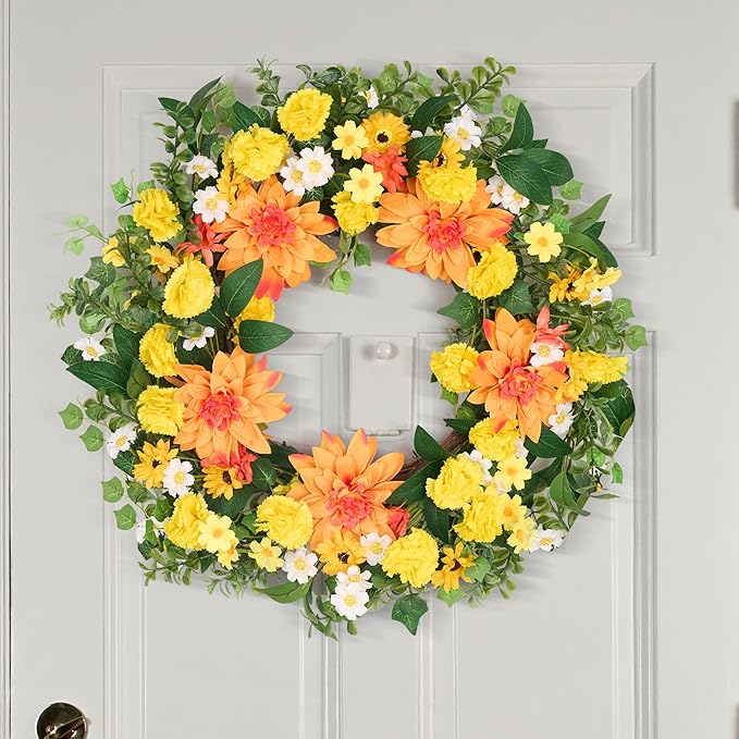GENMOUS 24Inch Fall Wreaths for Front Door, Autumn Wreath with Dahlias and Daisy, Flower Wreath Home Decor for Autumn Thanksgiving Farmhouse Indoor Wall Window Garden Porch Fall Decor