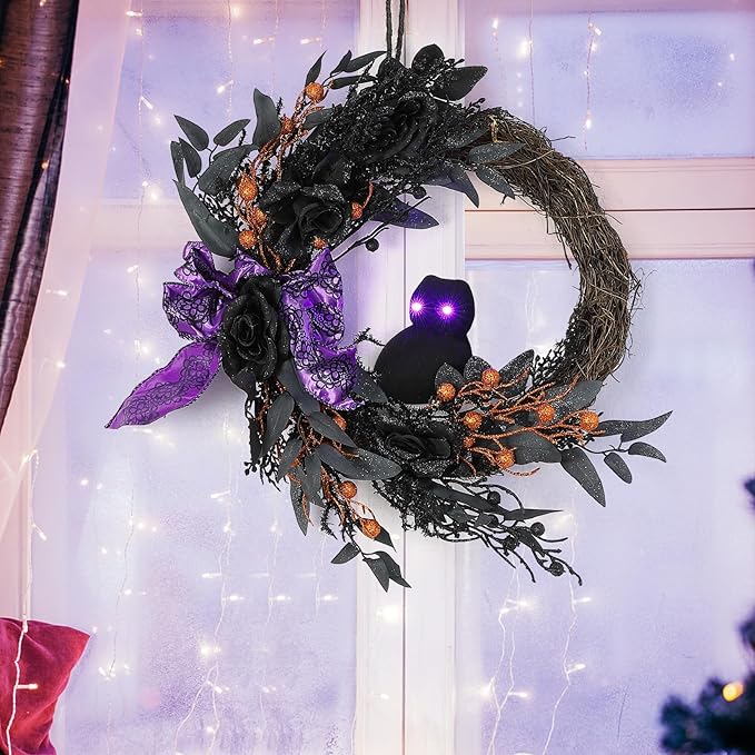 22 Inch Halloween Wreath with Lighted Eyes, Black Prelit Wreath with Artificial Roses, Willow Leaves, Ribbon for Indoor/Outdoor Home Decor