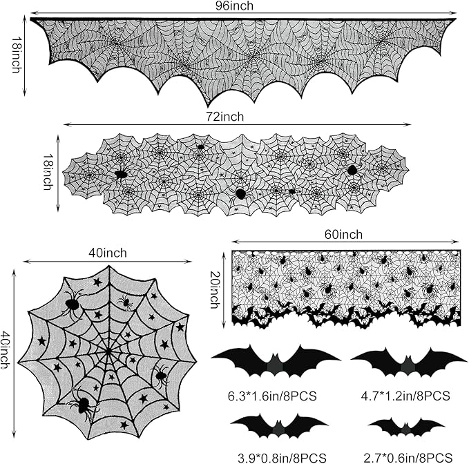 5Pack Halloween Decorations Indoor Halloween Decor Black Lace Table Runner Fireplace Mantel Scarf Round Tablecloth Cobweb Lampshade with 32 Pcs 3D Bat Wall Stickers