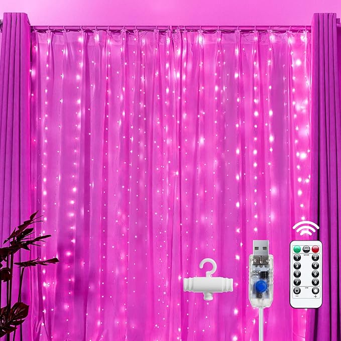 Brightown 300 LED Fairy Curtain Lights, 9.8ft x 9.8ft Curtain String Lights, USB Plug in 8 Lighting Modes LED Christmas String Hanging Lights with Remote for Bedroom Indoor Outdoor Weddings Party Xmas