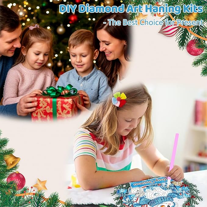 MEIYUDA Christmas Hanging Diamond Art Kits for Adult, Snowman Wreath Diamond Painting Hanging Kits Ornaments, DIY Special Shaped Rhinestone Window Pendants kit for Home Garden Wall Decor Gift