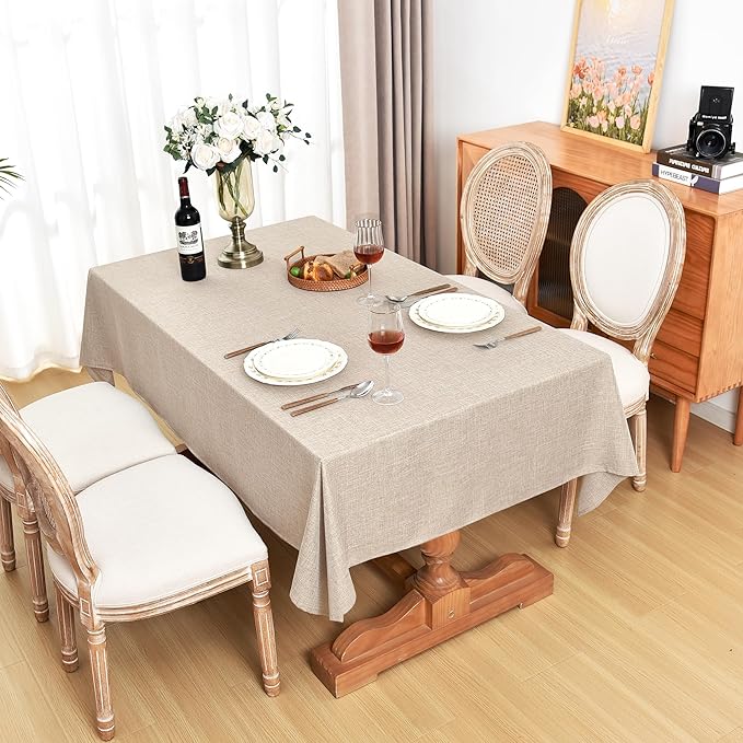 Fitable Faux Linen Beige Tablecloths 2 Pack, Faux Burlap Fabric Table Clothes for Rectangle Tables, Rustic Wrinkle-Proof Table Covers for Kitchen Dining, Party, Farmhouse, Baby Shower (54 x 78 Inch)