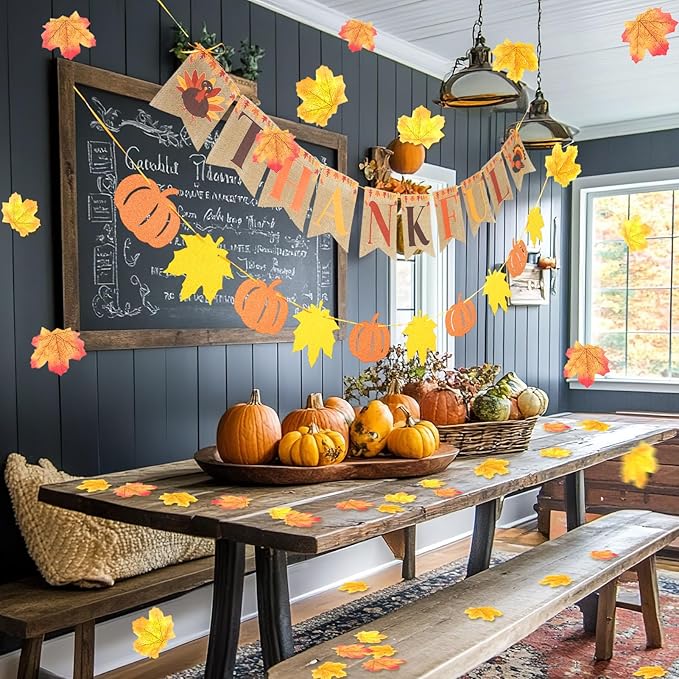 Fall Party Decorations, with Pre-strung Thankful Burlap Banner and Maple Leaf Confetti for Autumn Thanksgiving Home Decorations