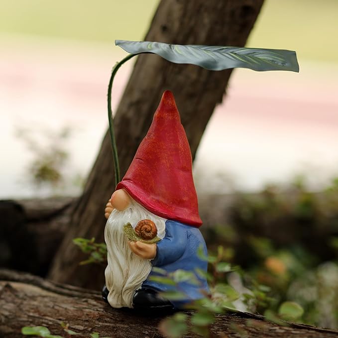 Garden Gnome Statue Decoration with Leaf Umbrella, 6.5” Figurine Ornament for Indoor Outdoor Home Patio Yard Lawn, for Gnome Lovers & Garden Enthusiasts,Mom,Women