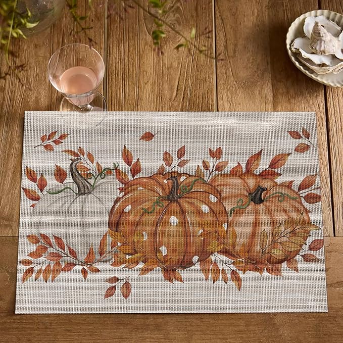 Artoid Mode Pumpkins Leaves Fall Vinyl Placemats Set of 4, Wipeable Colorful Printing PVC Place Mats for Party Kitchen Dining Decor, Beige