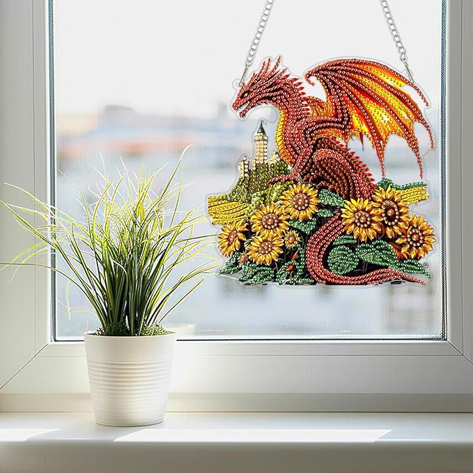 SENQAO Dragon Diamond Art Hanging Kit for Adult, Special Shaped Rhinestone, Double Sided DIY Acrylic Diamond Art Painting Window Pendants Home Garden Wall Hanging Kits Hanging Ornament (Sunflower)