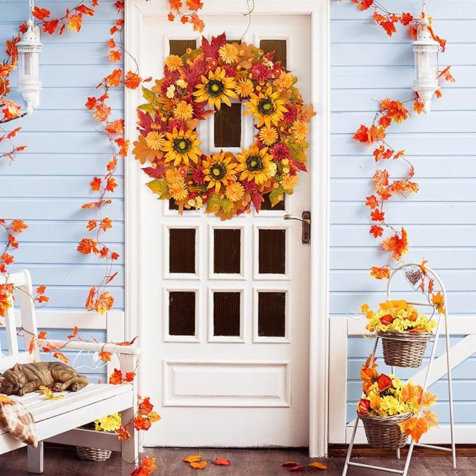 GENMOUS 24 Inch Fall Wreaths for Front Door, with Mini Pumpkin Skewers- Sunflower Wreath, Autumn Fall Decor Maple Leaf Daisy Thanksgiving Halloween Home Party Fall Decoration Indoor Oudoor