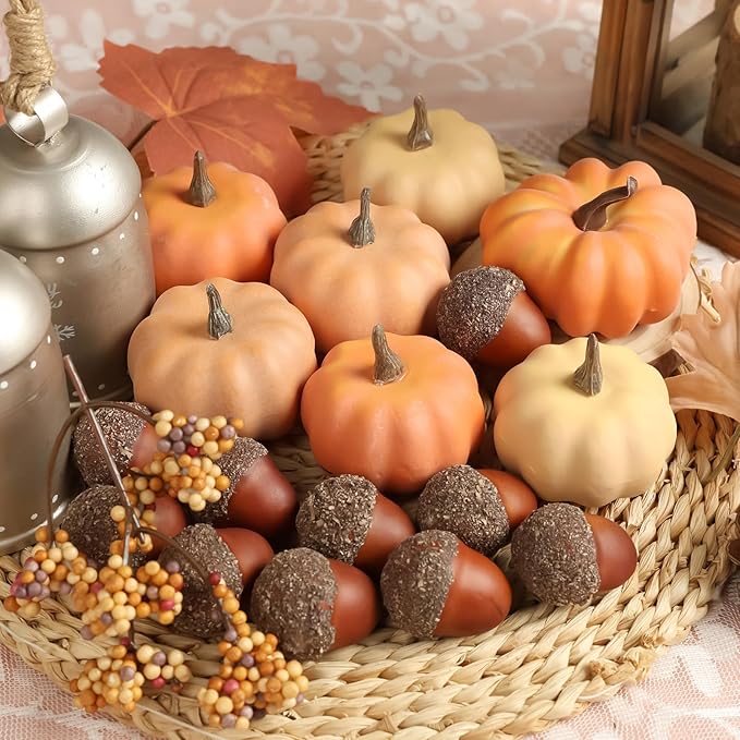 21Pcs Fake Pumpkins Fall Thanksgiving Decorations,Plastic Pumpkins with Acorns,Maple Leaves,Artificial Mini Pumpkin Decorating Autumn Harvest Outdoor Indoor Home Decor Centerpiece Table Decorations