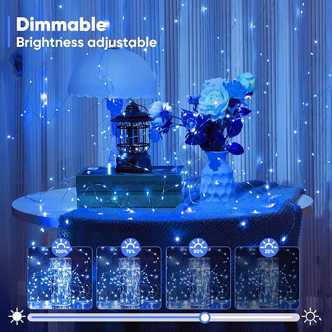 1 Pack 16.4 Ft. Battery Operated Outdoor String Lights with Remote & Timer, LED Blue Fairy Lights, Waterproof Twinkle Lights for Bedroom, Dorm, Mason Jar, Wedding, Party, Christmas